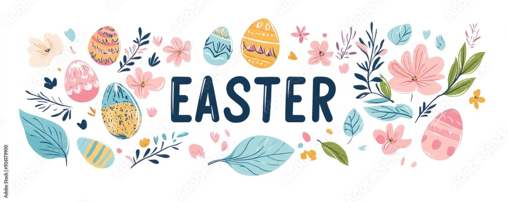 An easter elements collection with flowers, leaves and eggs on a white background. EASTER text in the center of the picture. An easter elements collection with flowers, leaves and eggs on a white background. EASTER text in the center of the picture.