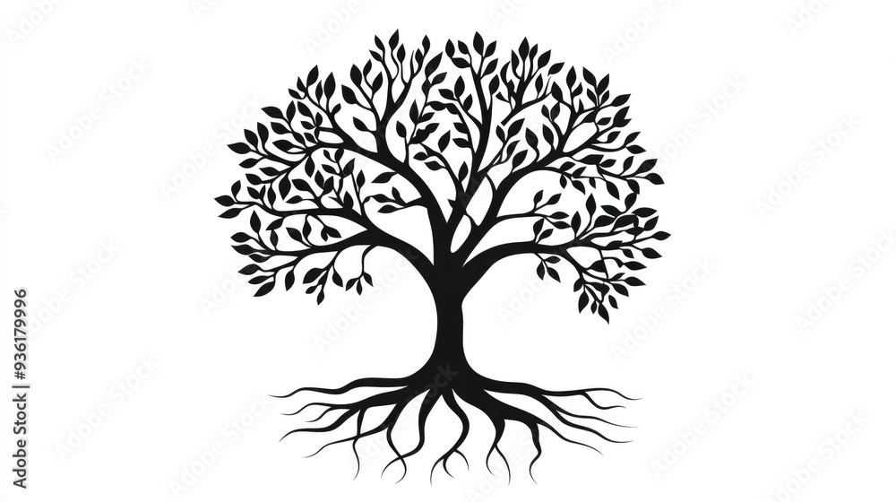Obraz premium Tree with simple roots as a graphic in black on a white background.
