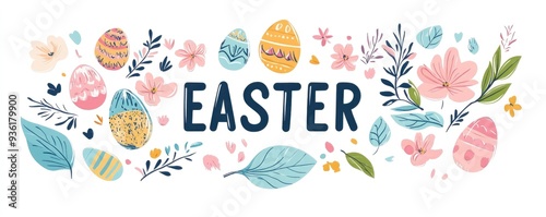 An easter elements collection with flowers, leaves and eggs on a white background. EASTER text in the center of the picture.