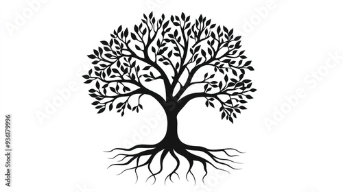 Tree with simple roots as a graphic in black on a white background.