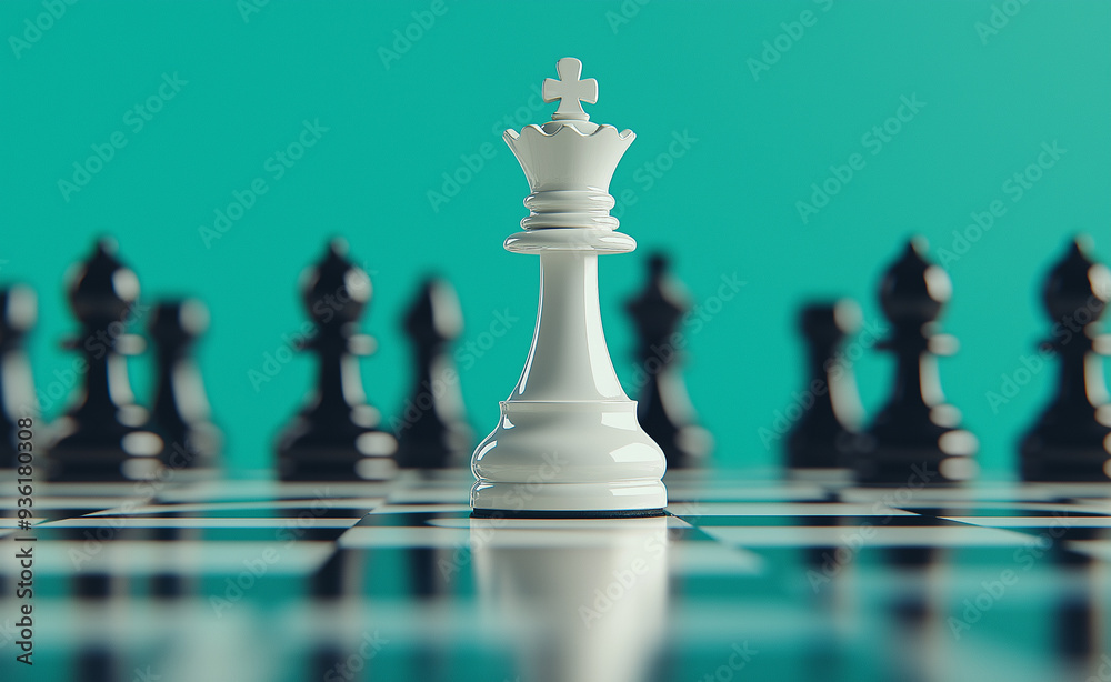 White chess king standing on a chessboard with black pieces in the background.