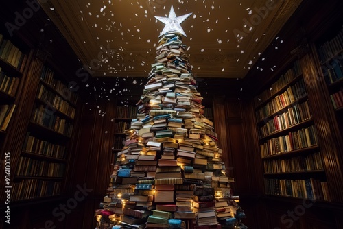 A Christmas tree made of books is lit up with lights. Christmas background