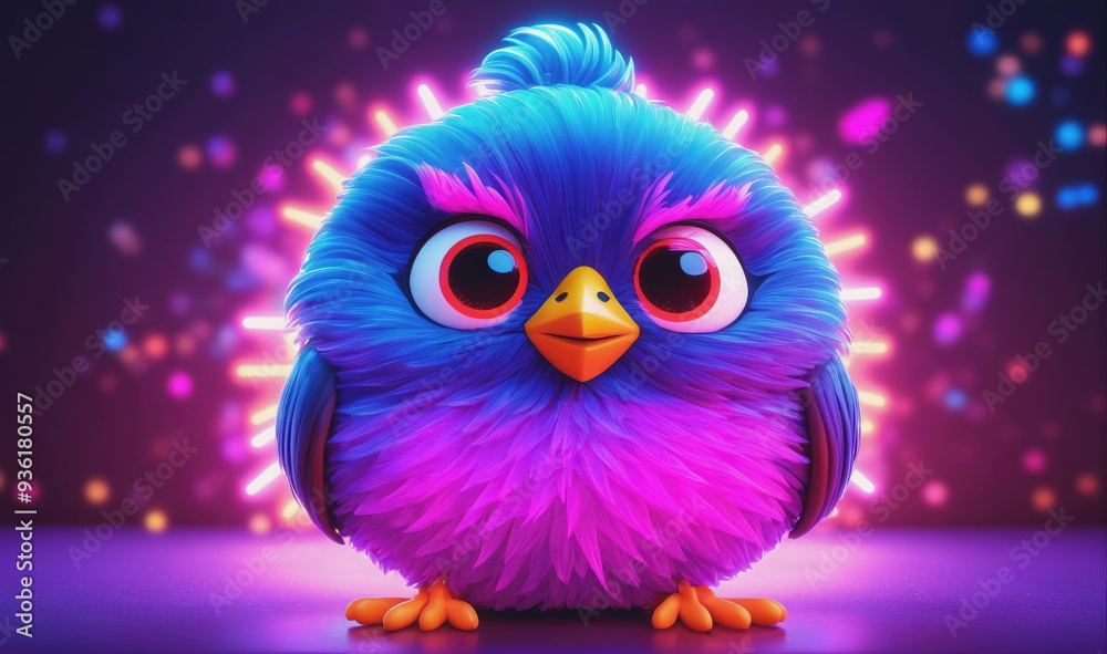 A blue and purple bird is standing in front of a glowing purple background with colorful lights A blue and purple bird is standing in front of a glowing purple background with colorful lights