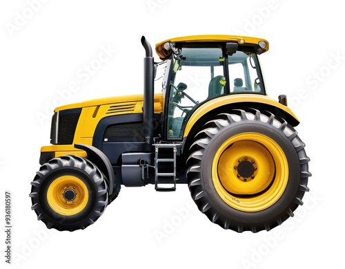 A yellow tractor with large wheels, ideal for agricultural tasks and heavy-duty farming operations.