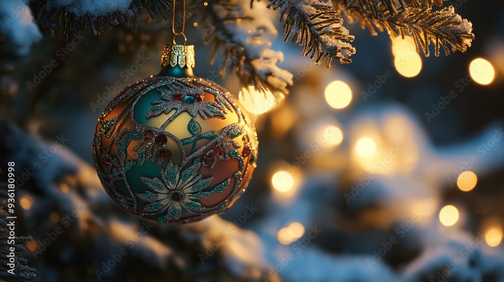 Obraz premium A Christmas ornament hanging from a tree branch. Christmas background