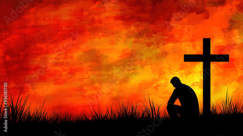 Christian Faith Banner Featuring a Man’s Silhouette Kneeling Before a Cross at Sunset with Ample Copy Space