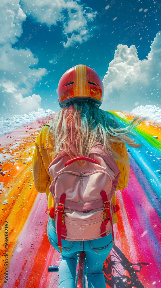 Photo Realistic Biker with Helmet and Backpack on Rainbow Road Wide Shot of Colorful Biker Riding on Vibrant Fantasy Path with Copy Space, Symbolizing Freedom and Adventure Photo Realistic Biker with Helmet and Backpack on Rainbow Road Wide Shot of Colorful Biker Riding on Vibrant Fantasy Path with Copy Space, Symbolizing Freedom and Adventure