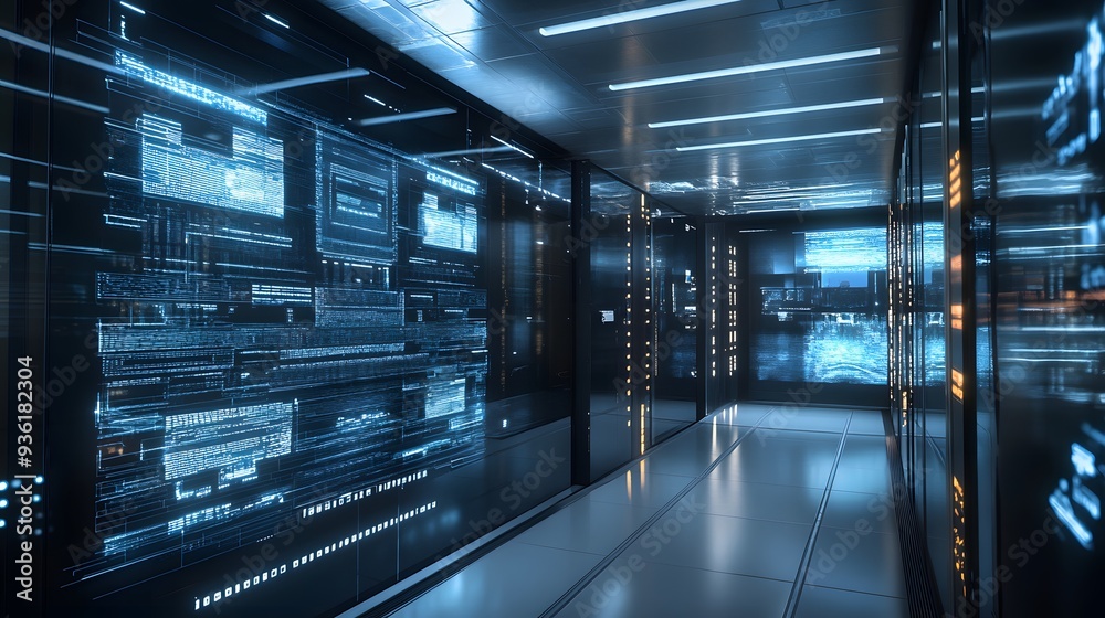 Obraz premium 34. A digital data center with holographic displays and interactive 3D network models