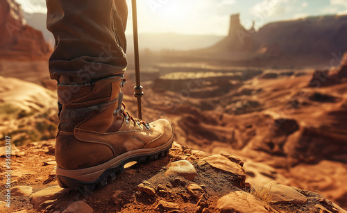 Hiking boots on a desert trail in a rocky landscape. photo