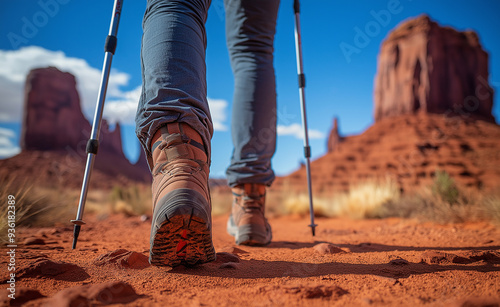 Hiking boots on a desert trail in a rocky landscape. photo