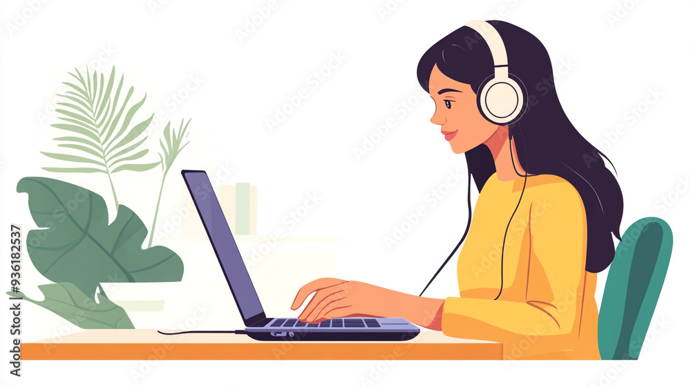 A young woman wearing headphones while working on a laptop at a cozy desk surrounded by plants in a bright, inviting space A young woman wearing headphones while working on a laptop at a cozy desk surrounded by plants in a bright, inviting space