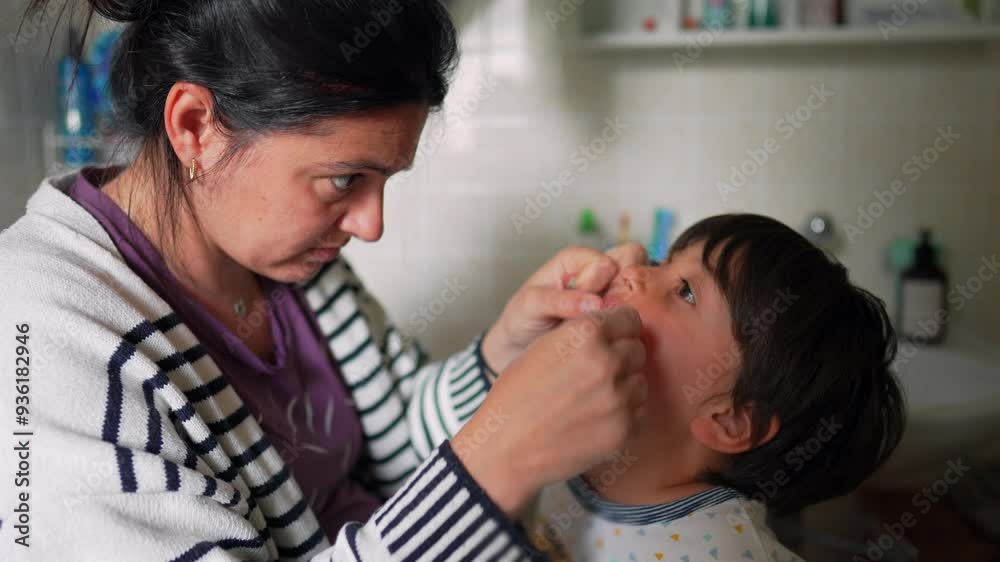 Mother cleaning young child's teeth with dental floss in a bathroom, emphasizing oral hygiene and attentive parental care. moment of focused dental care Mother cleaning young child's teeth with dental floss in a bathroom, emphasizing oral hygiene and attentive parental care. moment of focused dental care
