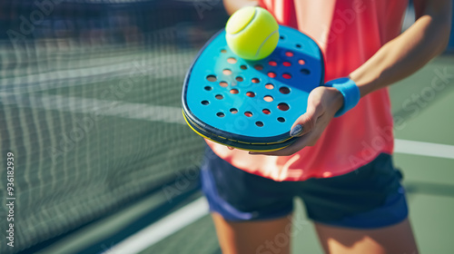 Female pickleball player holding a pickleball racket and perforated plastic ball on a court. photo