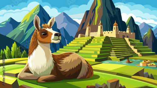 Brown and white lama resting on green meadow at Machu Picchu archaeological ruins site in Peru - Exclusive travel destination and natural wonder in peruvian world famous lost 