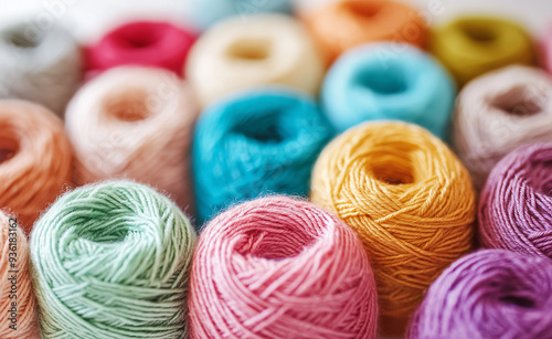 Colorful yarn balls in various shades of teal, orange, pink, and beige. photo