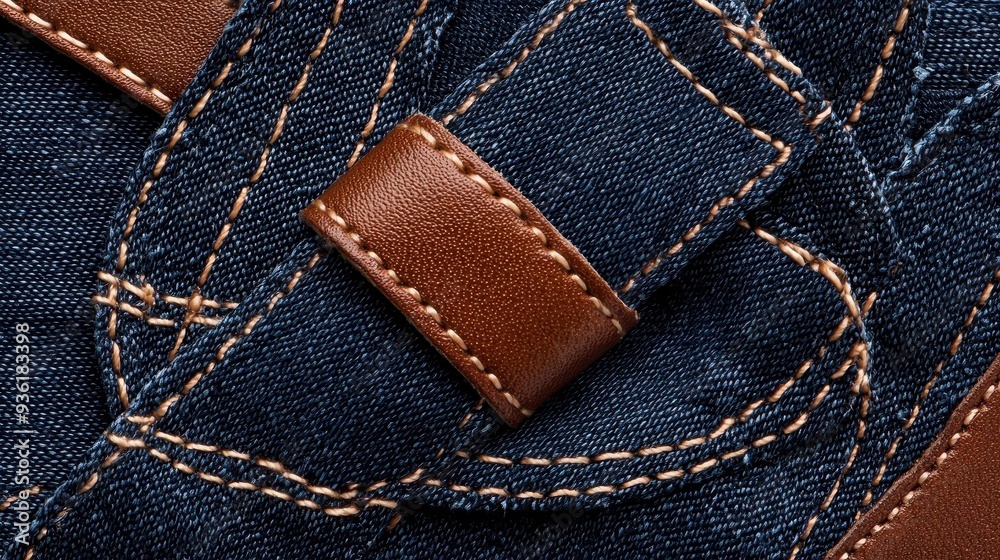 Close-up of blue denim with brown leather detail, showing texture and stitching. Close-up of blue denim with brown leather detail, showing texture and stitching.