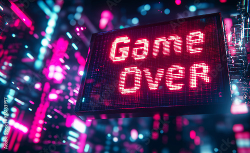 Glowing "Game Over" sign in red neon on a digital screen.