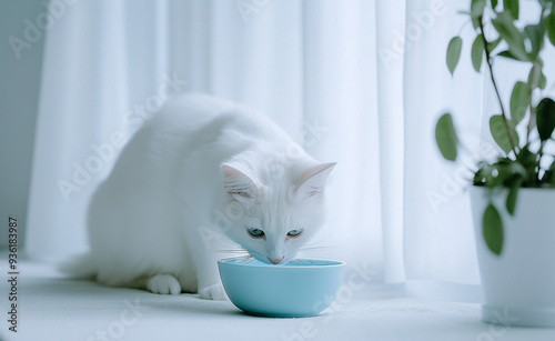 White cat eating from a blue bowl in a bright indoor setting. photo