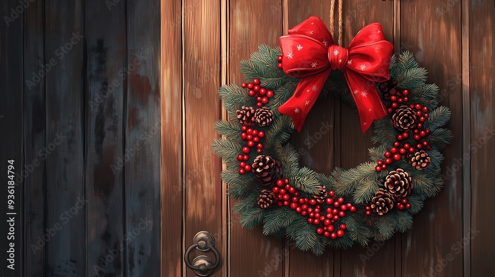 A wreath with red ribbon and pine cones is hanging on a wooden door. Christmas background A wreath with red ribbon and pine cones is hanging on a wooden door. Christmas background