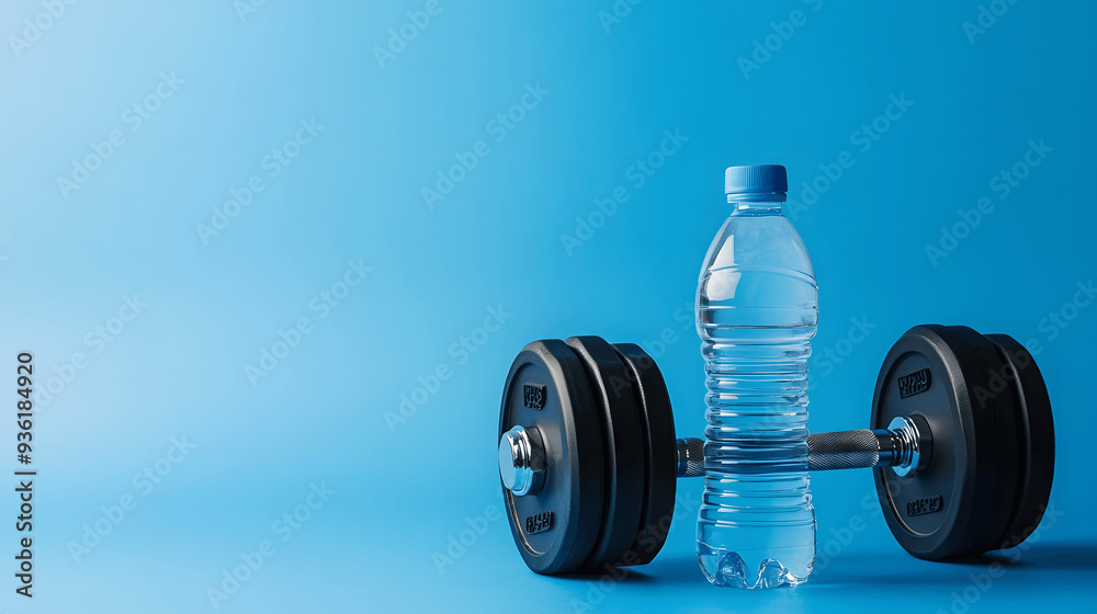 Dumbbell and water bottle on clean background, perfect for fitness or healthy living content Dumbbell and water bottle on clean background, perfect for fitness or healthy living content