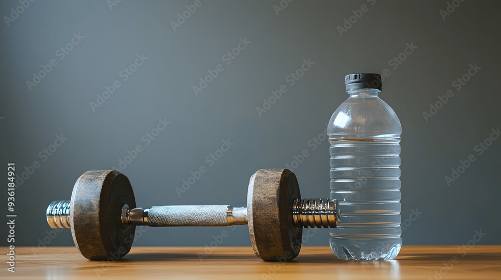 Dumbbell and water bottle on clean background, perfect for fitness or healthy living content Dumbbell and water bottle on clean background, perfect for fitness or healthy living content