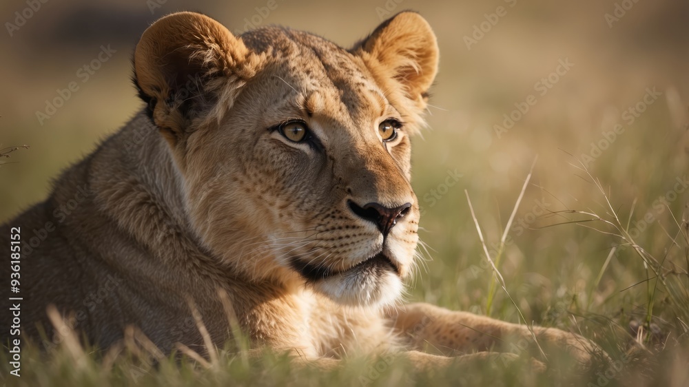 Curious Young Lion Cub Resting Peacefully in Grassy African Landscape. Curious Young Lion Cub Resting Peacefully in Grassy African Landscape.