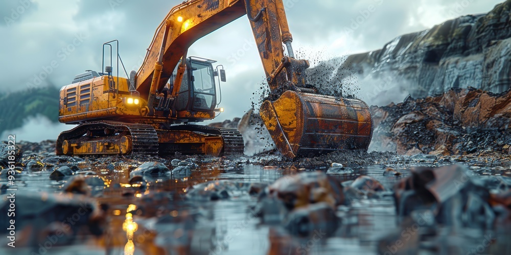 Excavator Working in Muddy Terrain Excavator Working in Muddy Terrain
