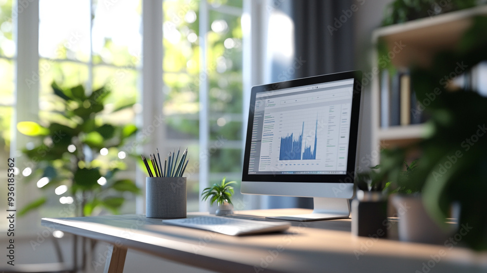 custom made wallpaper toronto digitalA modern workspace featuring a computer display with data charts, greenery, and natural light in a cozy office environment