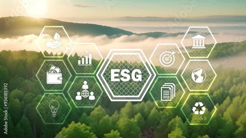 ESG icon concept. Environment, society and governance. Energy of natural gas sustainable and ethical business on network connection on green background