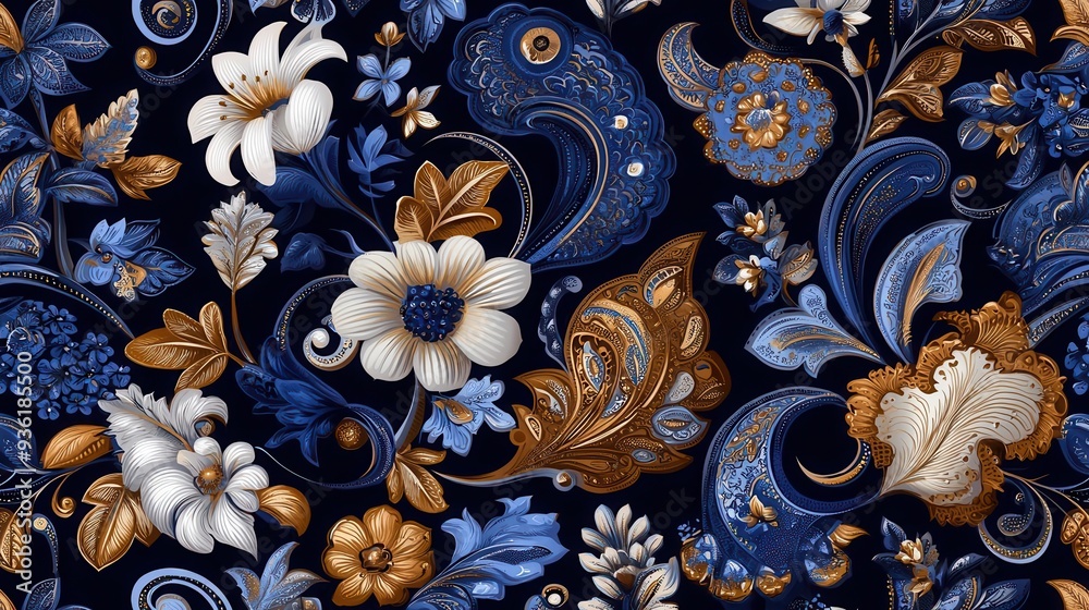 Blue, white, and gold floral paisley pattern. Blue, white, and gold floral paisley pattern.