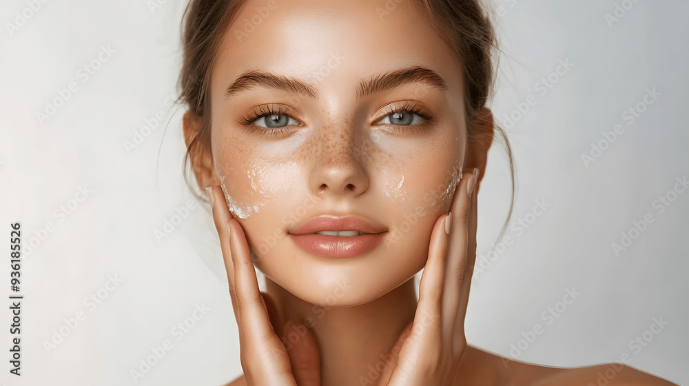 Fresh-faced woman with dewy skin massaging moisturizer into cheeks, natural beauty on simple background Fresh-faced woman with dewy skin massaging moisturizer into cheeks, natural beauty on simple background