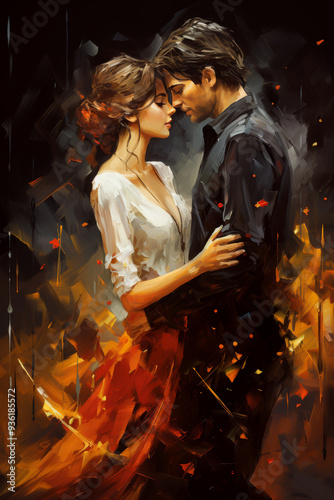 lovers hugging against the backdrop of bright fire and light effects