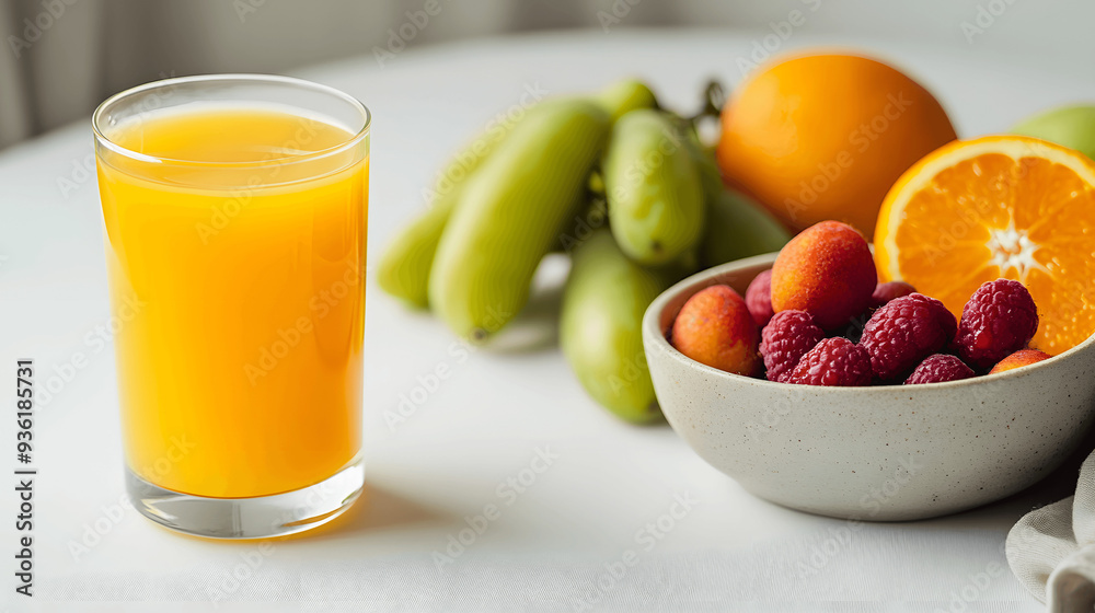 Glass of orange juice and bowl of fruit on clean background, ideal for healthy eating or wellness content Glass of orange juice and bowl of fruit on clean background, ideal for healthy eating or wellness content