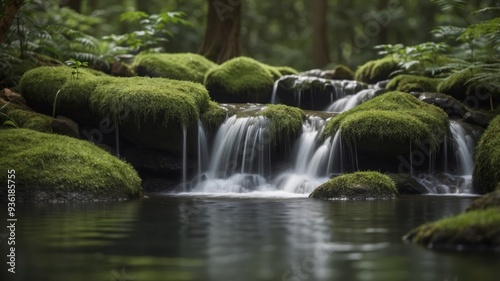 Small waterfall flows over mossy rocks into serene pool surrounded by lush green vegetation.