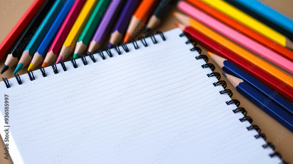 Notebook and colored pencils on blank background, ideal for creativity or education content Notebook and colored pencils on blank background, ideal for creativity or education content