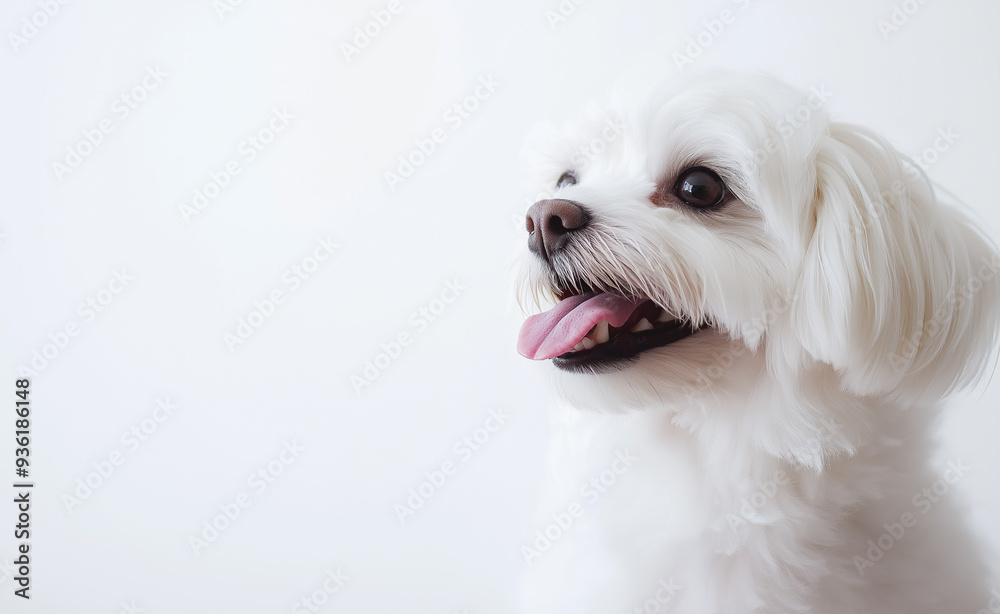 White fluffy dog with tongue out against a white background.
White fluffy dog with tongue out against a white background.