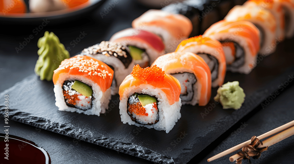 Fresh sushi rolls on black slate board with wasabi and ginger, room for text Fresh sushi rolls on black slate board with wasabi and ginger, room for text