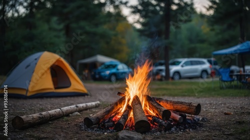 The gentle blur of a campfire and tents creating a tranquil scene at a campsite.