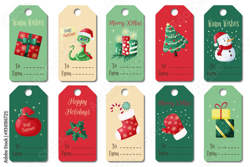 A set of New Year and Christmas tags. Vector illustration