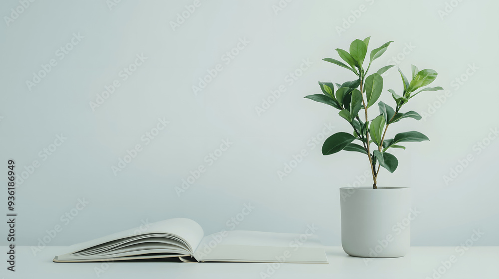 Small plant in pot and open notebook on blank background with copy space for sustainability Small plant in pot and open notebook on blank background with copy space for sustainability