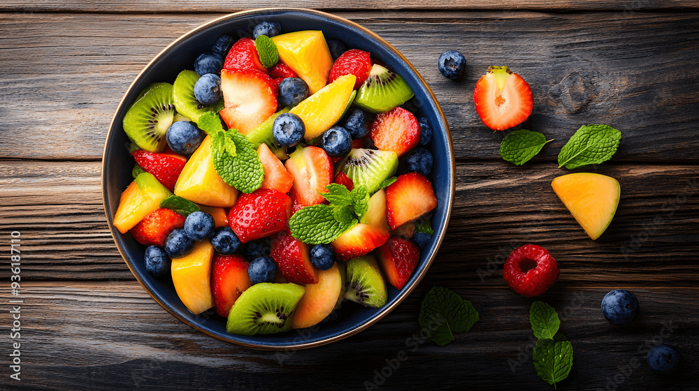 Fresh fruit salad with mint leaves on wooden table, top view with copy space for healthy eating