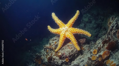 4K Realistic Basket star unfurling arms to filter feed, deep sea canyon, photo