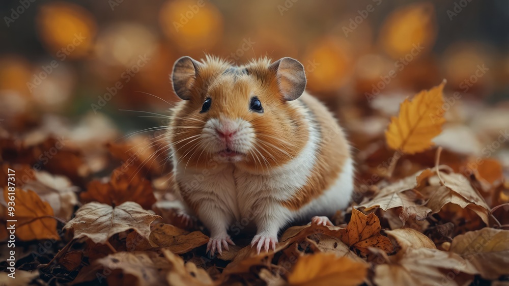 A cute hamster is resting in the autumn leaves. A cute hamster is resting in the autumn leaves.