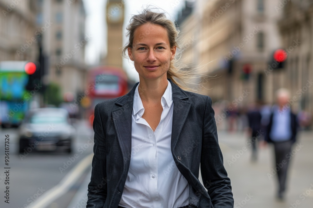 Confident Businesswoman on London Street at Dusk Confident Businesswoman on London Street at Dusk
