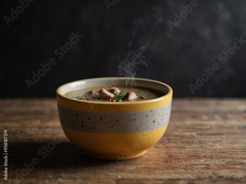 Mushroom soup in a yellow bowl on a low key.