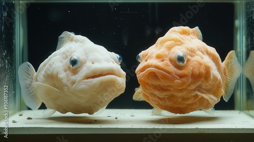 4K Realistic Blobfish in pressurized tank vs. depressurized, scientific comparison, photo