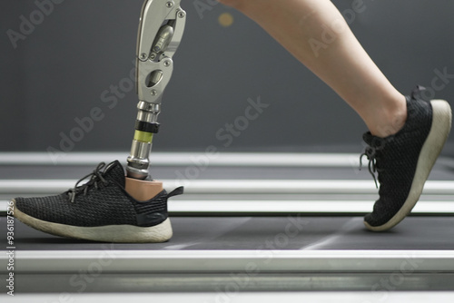 Wallpaper Mural prosthetic, artificial leg. Woman with prosthetic leg using walking on treadmill while working out in gym. artificial leg. Woman wearing prosthetic equipment sit down after exercising in gym. Torontodigital.ca