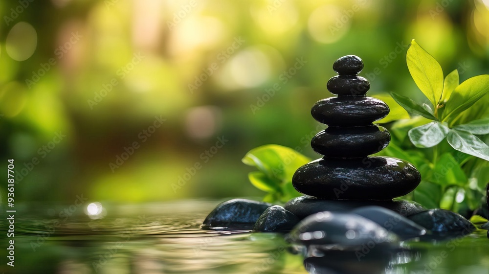 A serene arrangement of black stones stacked on each other, surrounded by lush greenery and tranquil water, evoking calm and mindfulness. A serene arrangement of black stones stacked on each other, surrounded by lush greenery and tranquil water, evoking calm and mindfulness.