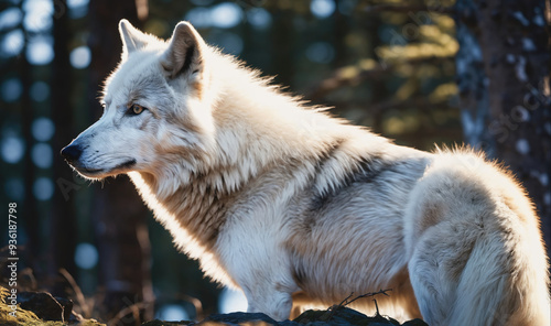 A lone wolf stands in a forest, its white fur illuminated by the sunlight streaming through the trees photo