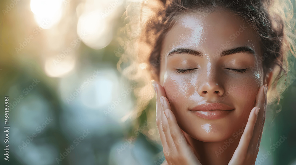 Woman with radiant skin massaging hydrating serum into face, with blurred background Woman with radiant skin massaging hydrating serum into face, with blurred background